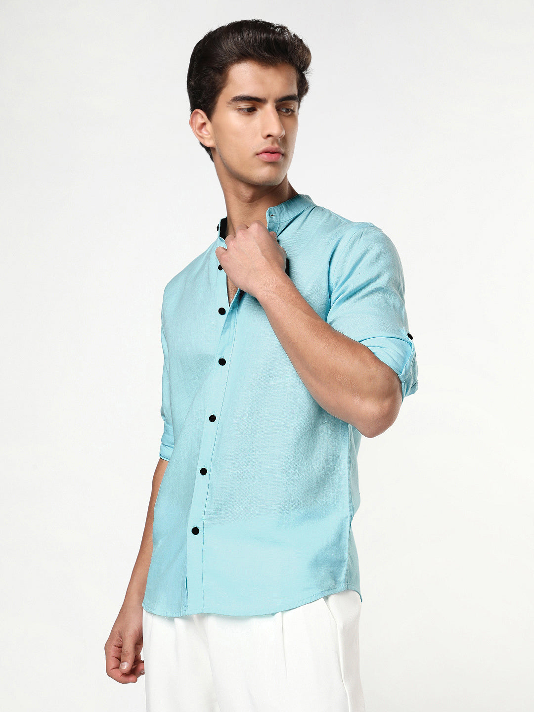 Men's Sky Blue Linen Blend Full Sleeve Relaxed Fit Mandarin Collar Casual Solid Shirt