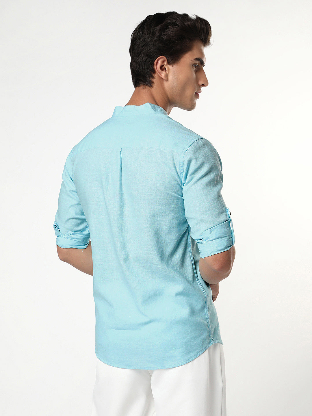 Men's Sky Blue Linen Blend Full Sleeve Relaxed Fit Mandarin Collar Casual Solid Shirt