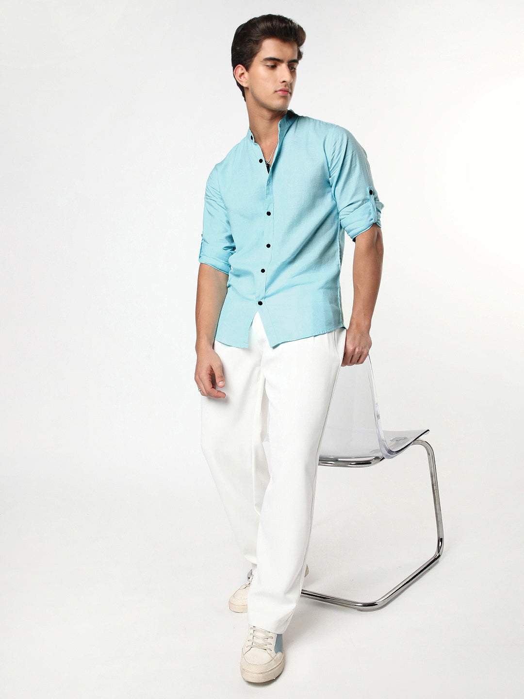 Men's Sky Blue Linen Blend Full Sleeve Relaxed Fit Mandarin Collar Casual Solid Shirt