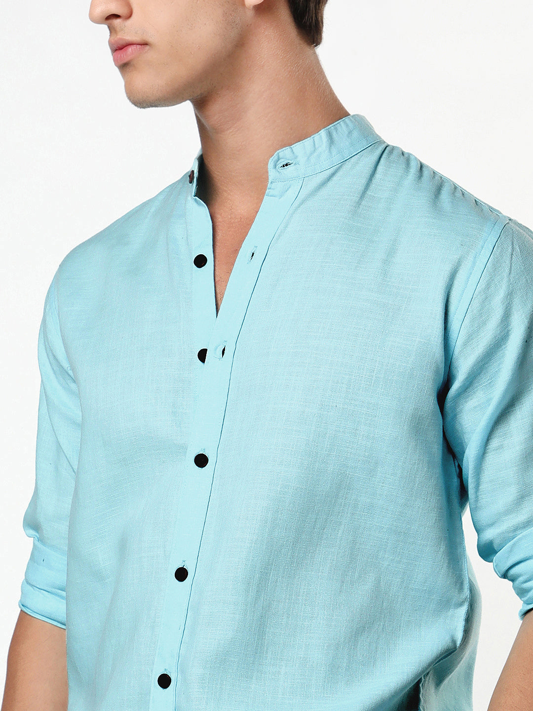 Men's Sky Blue Linen Blend Full Sleeve Relaxed Fit Mandarin Collar Casual Solid Shirt