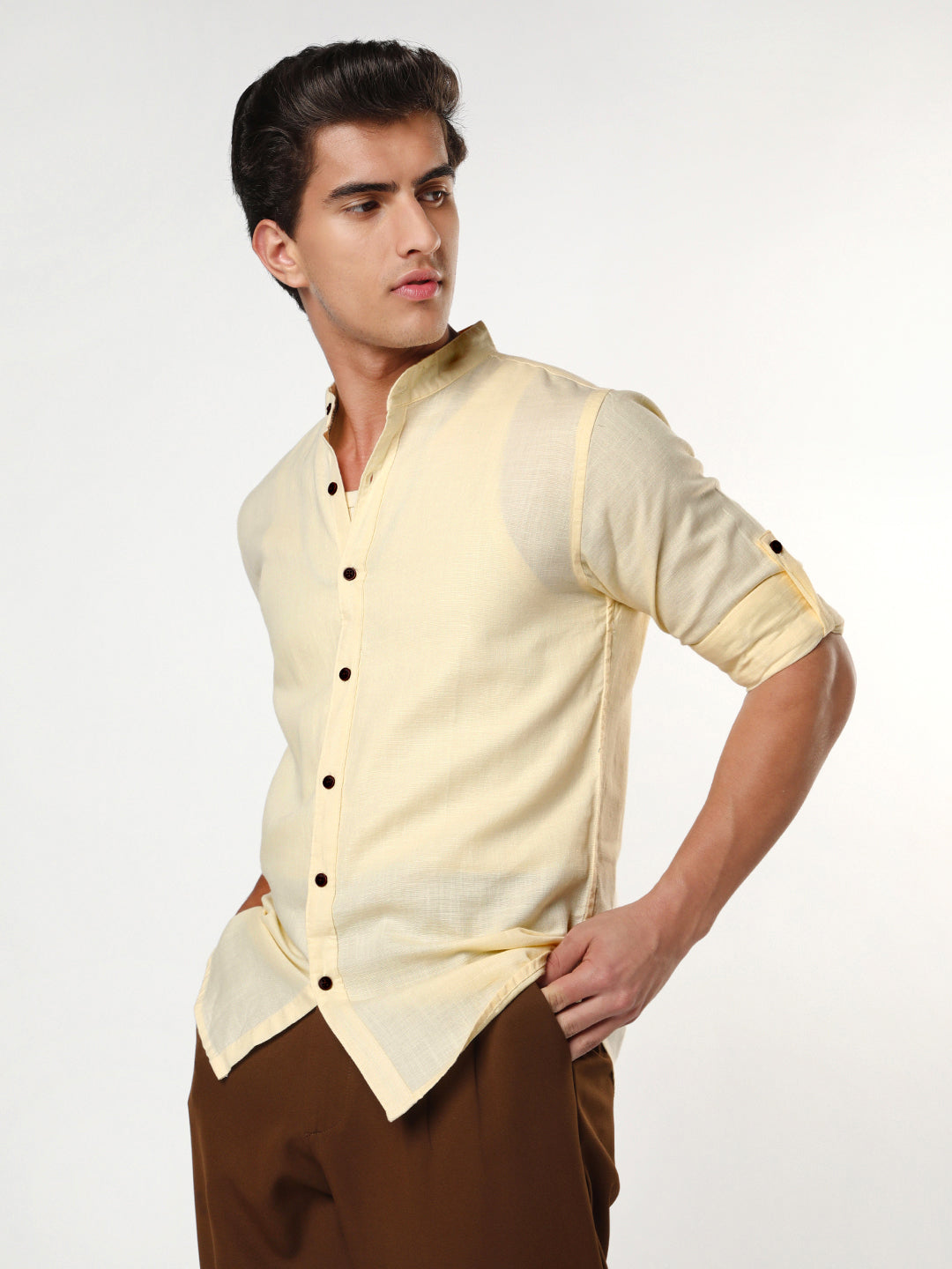 Men's Tender Yellow Linen Blend Full Sleeve Relaxed Fit Mandarin Collar Casual Solid Shirt