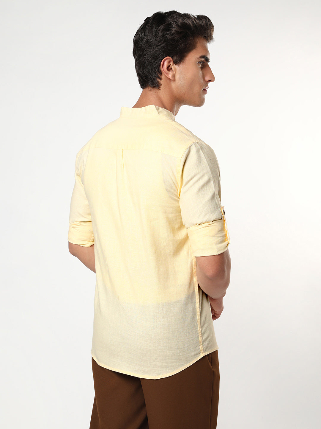 Men's Tender Yellow Linen Blend Full Sleeve Relaxed Fit Mandarin Collar Casual Solid Shirt
