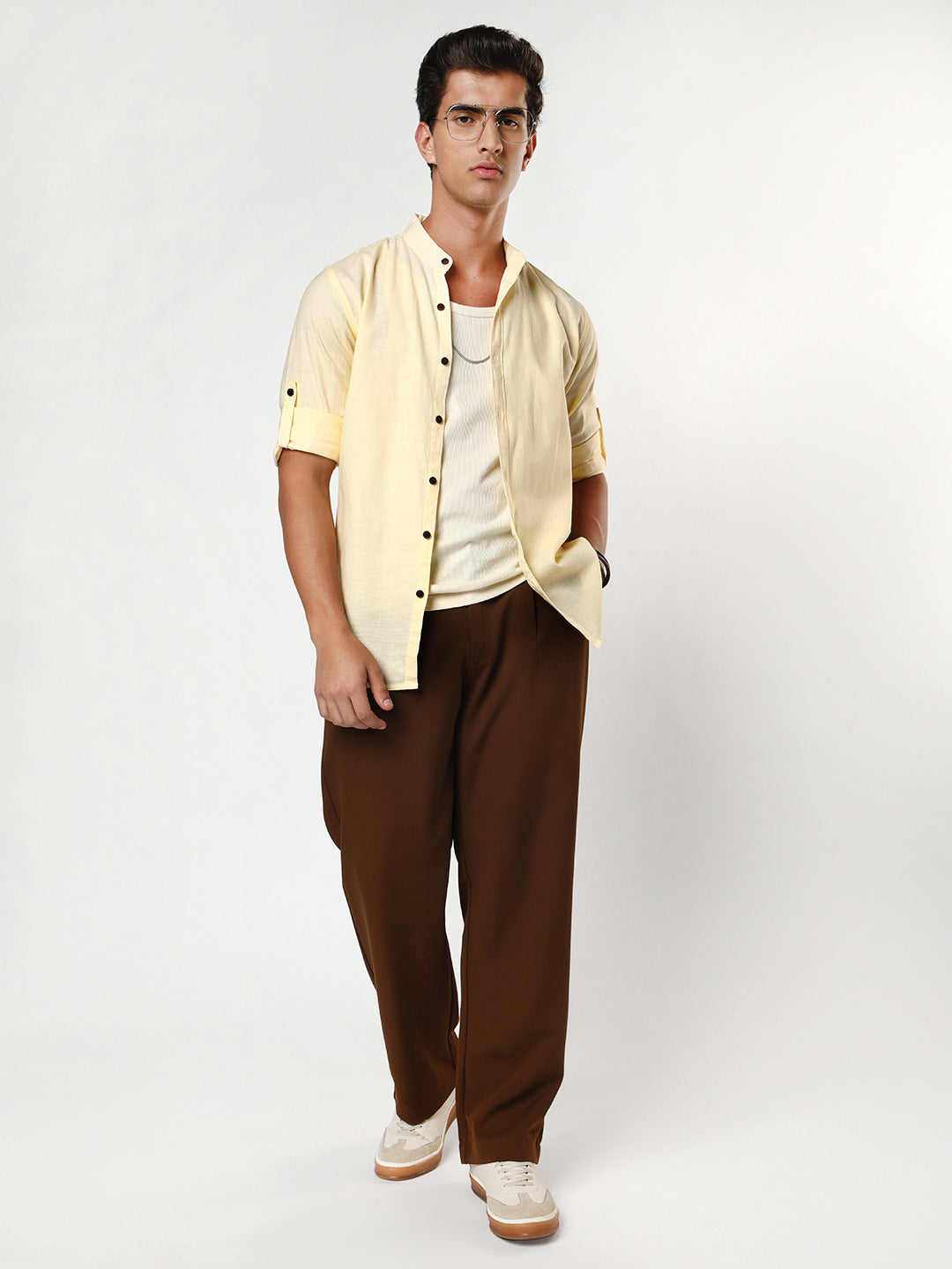 Men's Tender Yellow Linen Blend Full Sleeve Relaxed Fit Mandarin Collar Casual Solid Shirt