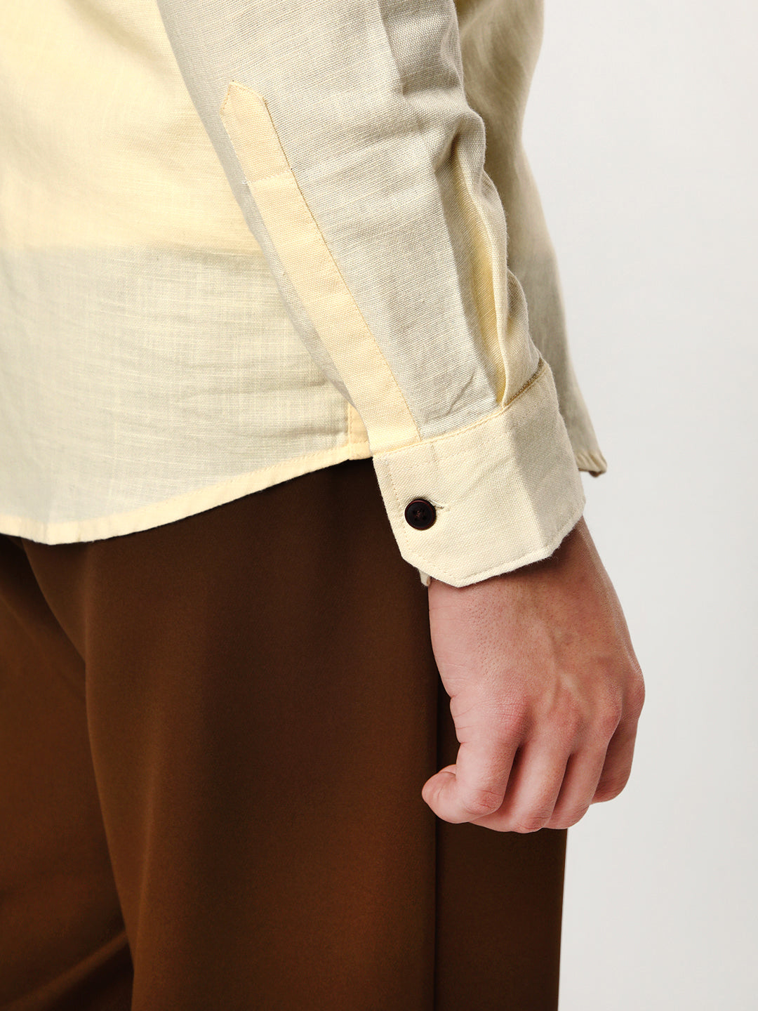 Men's Tender Yellow Linen Blend Full Sleeve Relaxed Fit Mandarin Collar Casual Solid Shirt
