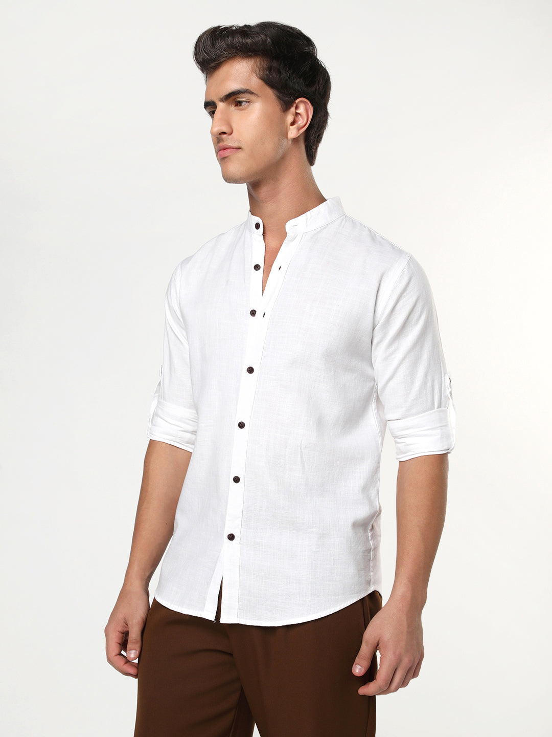 Men's White Linen Blend Full Sleeve Relaxed Fit Mandarin Collar Casual Solid Shirt