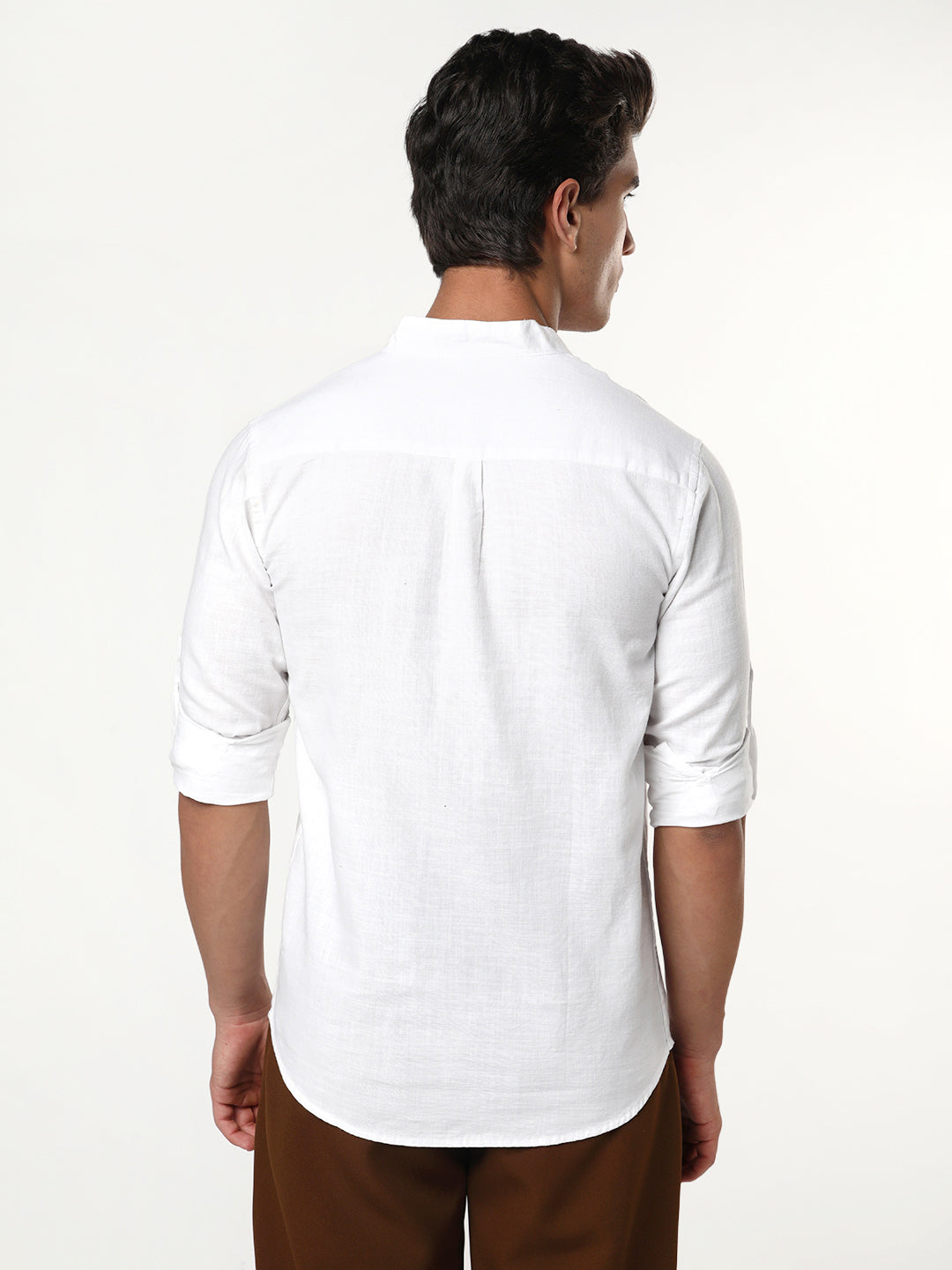 Men's White Linen Blend Full Sleeve Relaxed Fit Mandarin Collar Casual Solid Shirt