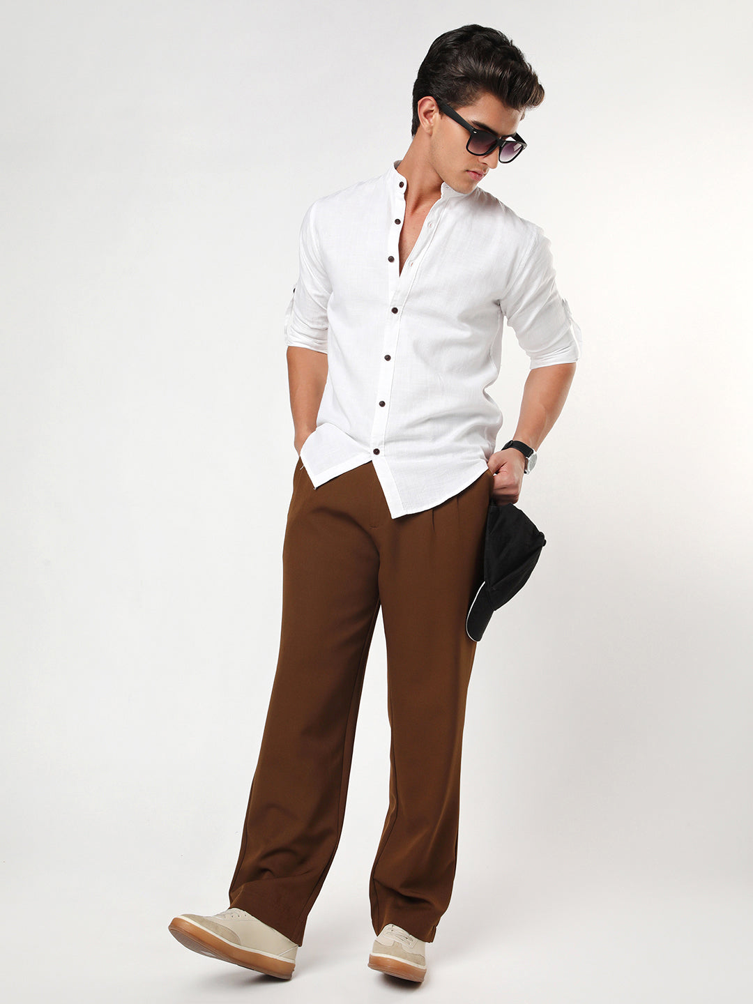 Men's White Linen Blend Full Sleeve Relaxed Fit Mandarin Collar Casual Solid Shirt