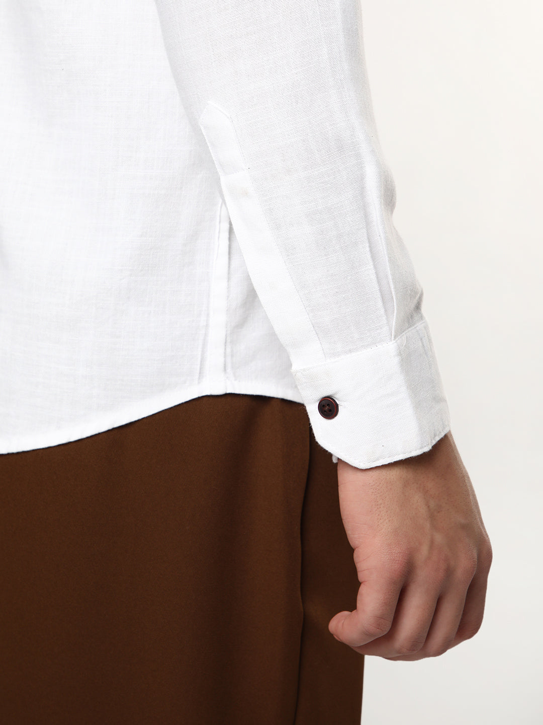 Men's White Linen Blend Full Sleeve Relaxed Fit Mandarin Collar Casual Solid Shirt