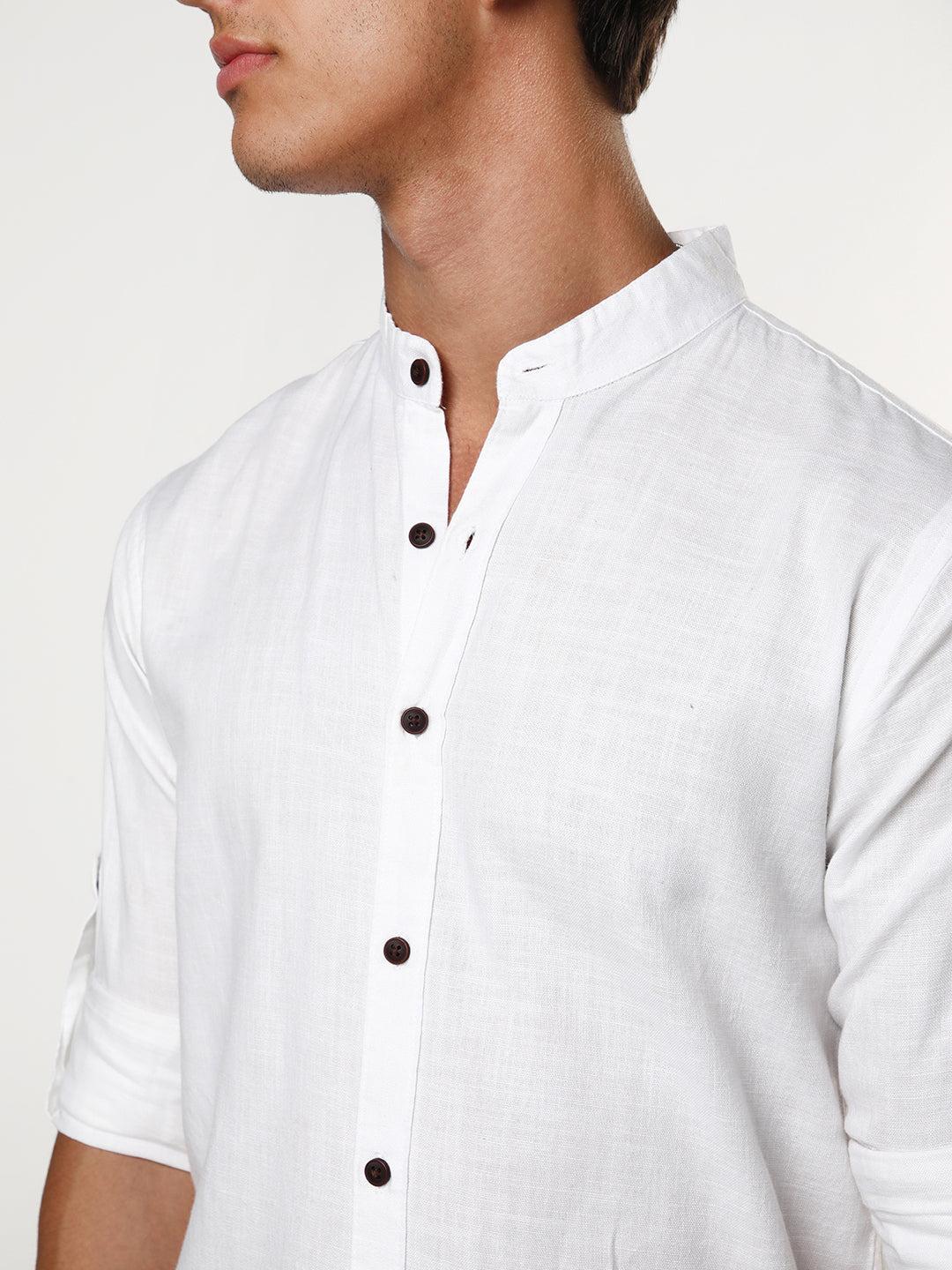Men's White Linen Blend Full Sleeve Relaxed Fit Mandarin Collar Casual Solid Shirt