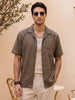 Men's Coffee Linen Half Sleeve Oversized Fit Shirt with Cuban Collar