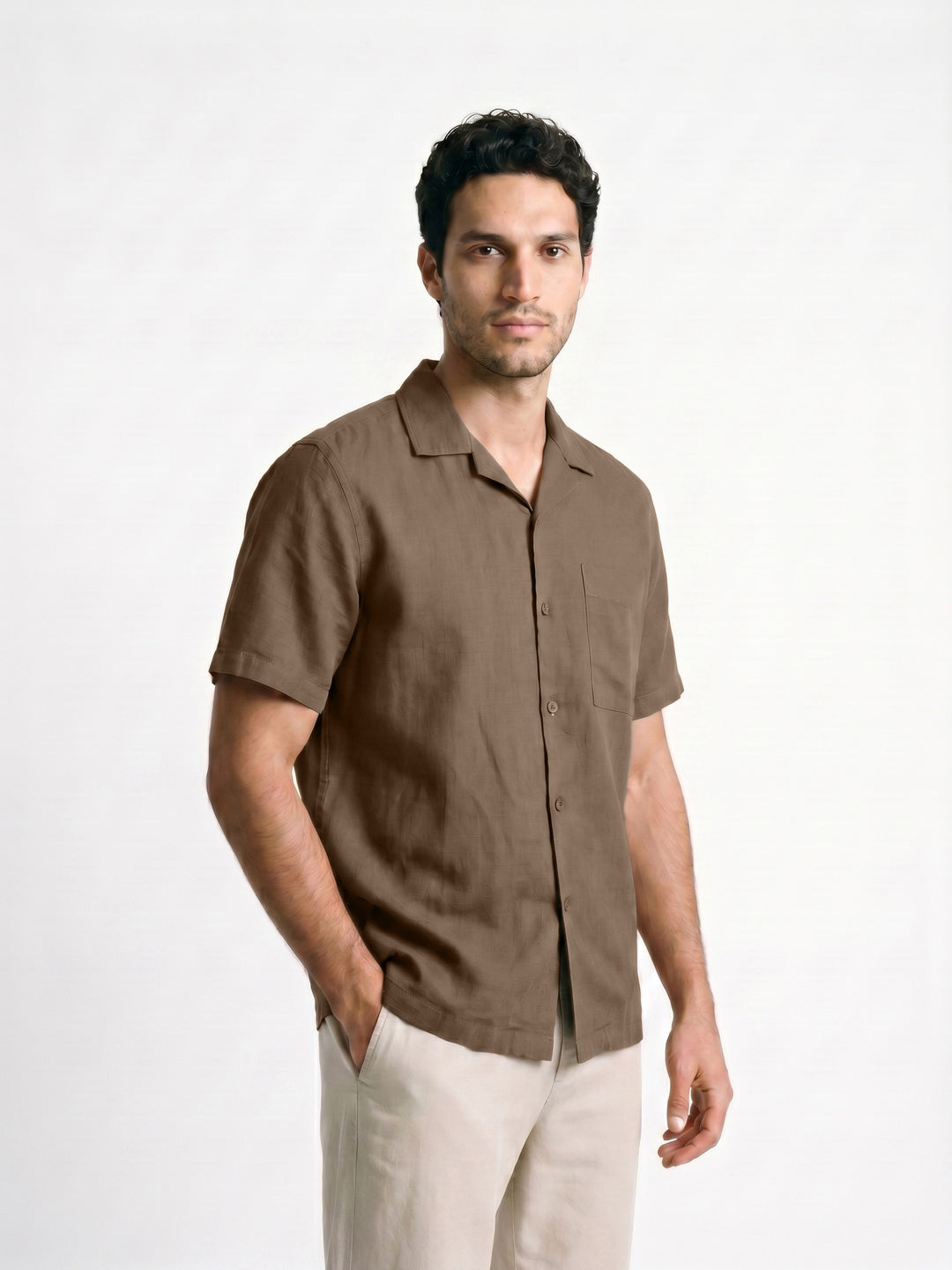 Men's Coffee Linen Half Sleeve Oversized Fit Shirt with Cuban Collar