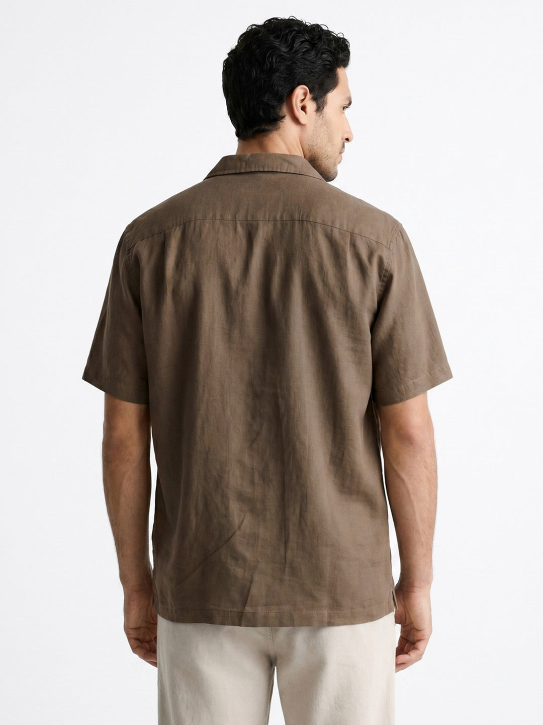 Men's Coffee Linen Half Sleeve Oversized Fit Shirt with Cuban Collar