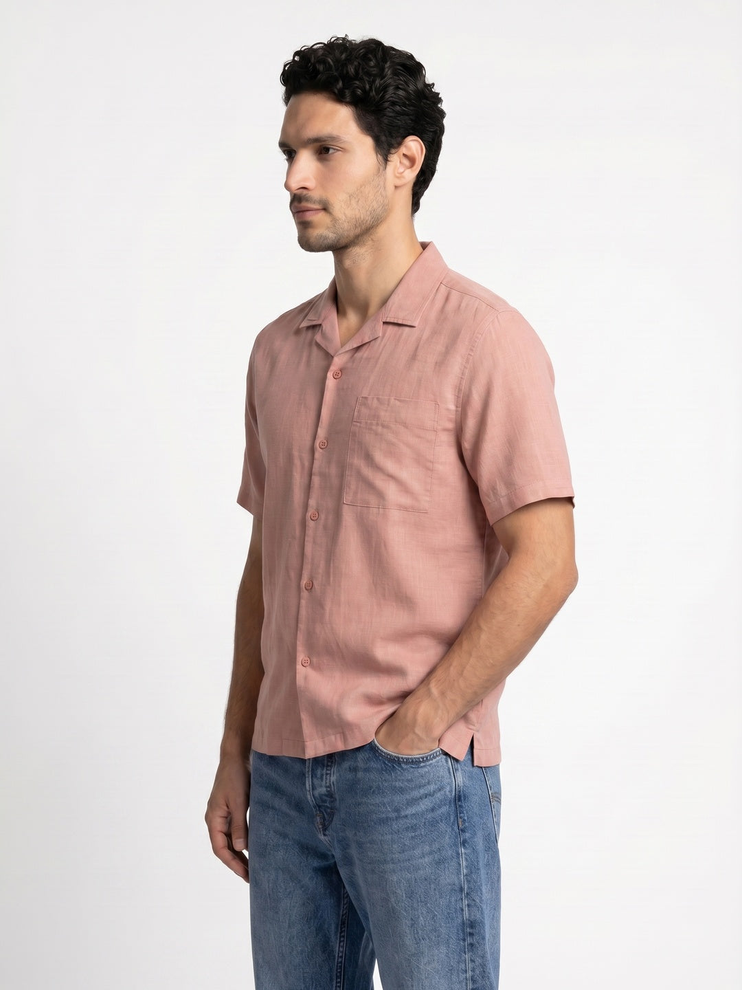 Men's Dusty Pink Linen Half Sleeve Oversized Fit Shirt with Cuban Collar