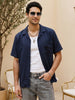 Men's Navy Linen Half Sleeve Oversized Fit Shirt with Cuban Collar