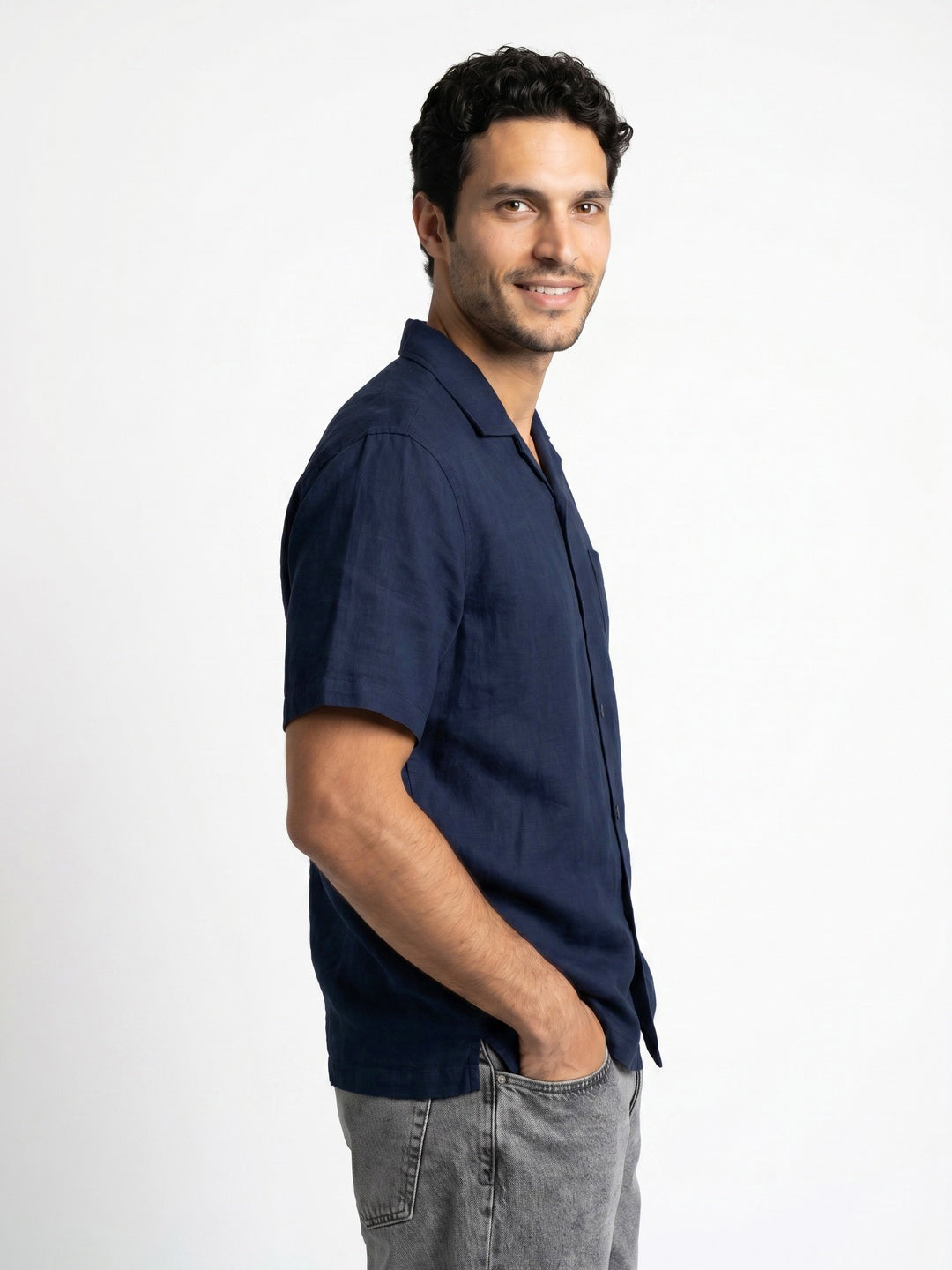 Men's Navy Linen Half Sleeve Oversized Fit Shirt with Cuban Collar
