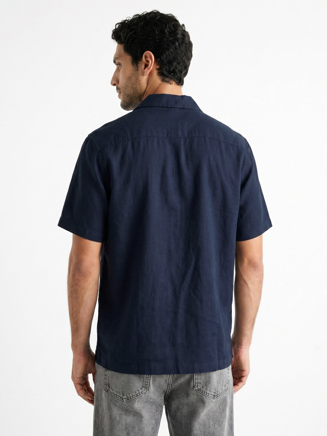 Men's Navy Linen Half Sleeve Oversized Fit Shirt with Cuban Collar
