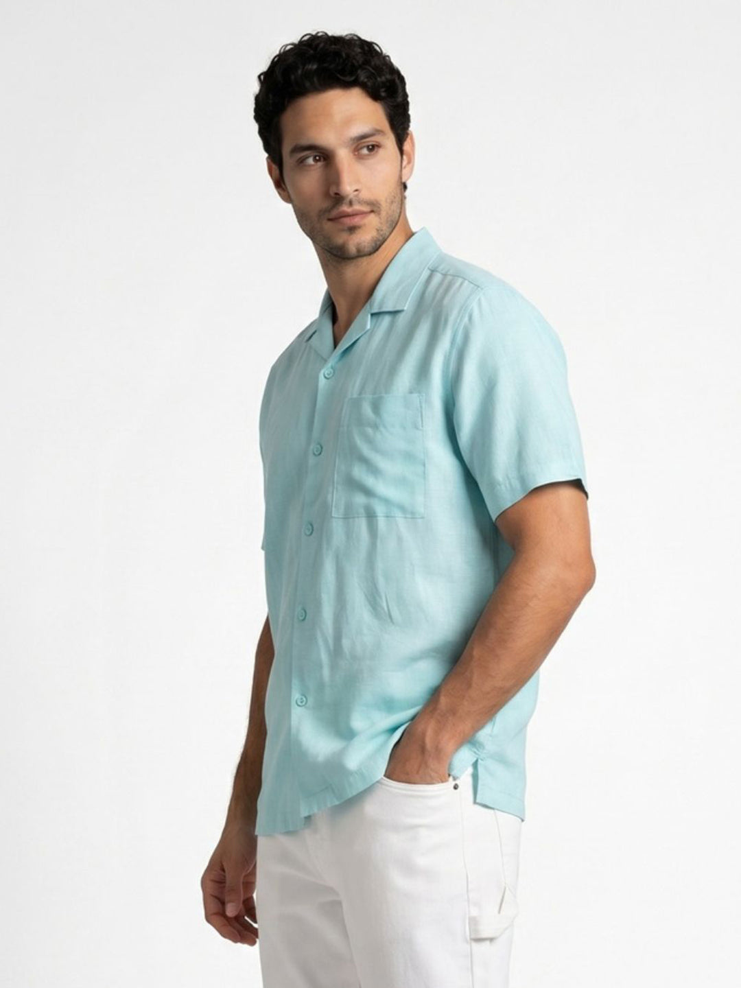 Men's Sky Blue Linen Half Sleeve Oversized Fit Shirt with Cuban Collar