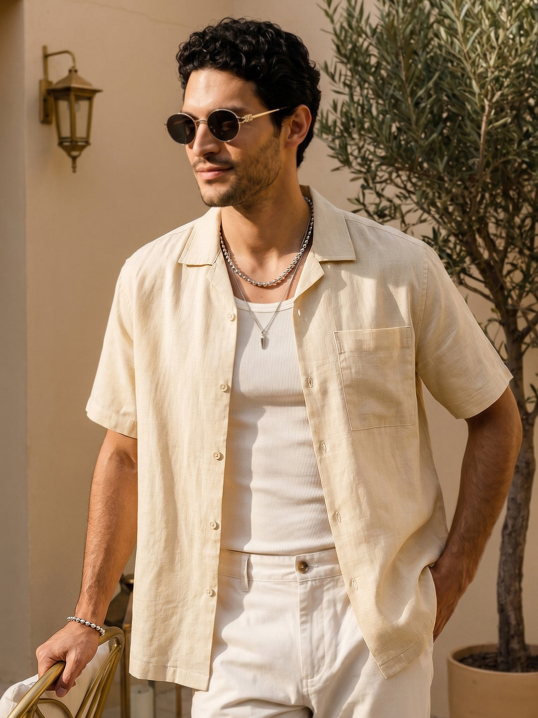 Men's Tender Yellow Linen Half Sleeve Oversized Fit Shirt with Cuban Collar