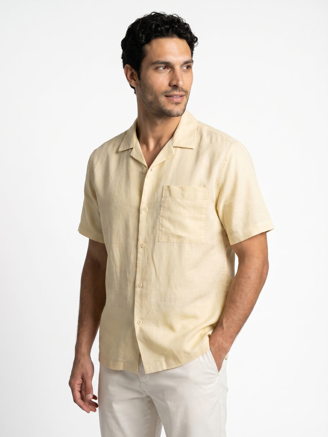 Men's Tender Yellow Linen Half Sleeve Oversized Fit Shirt with Cuban Collar