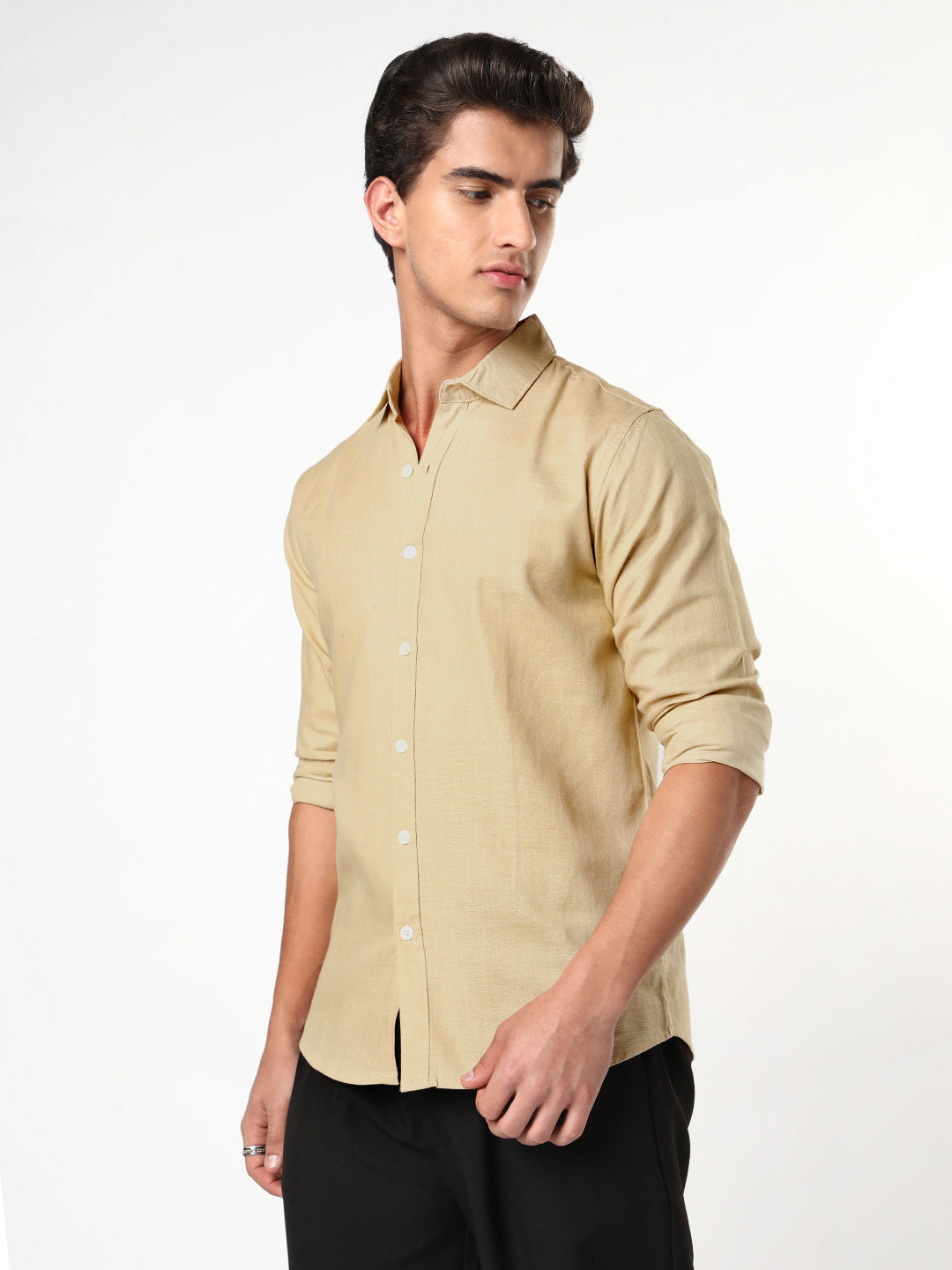Men's Beige Linen Blend Full Sleeve Relaxed Fit Casual Solid Shirt