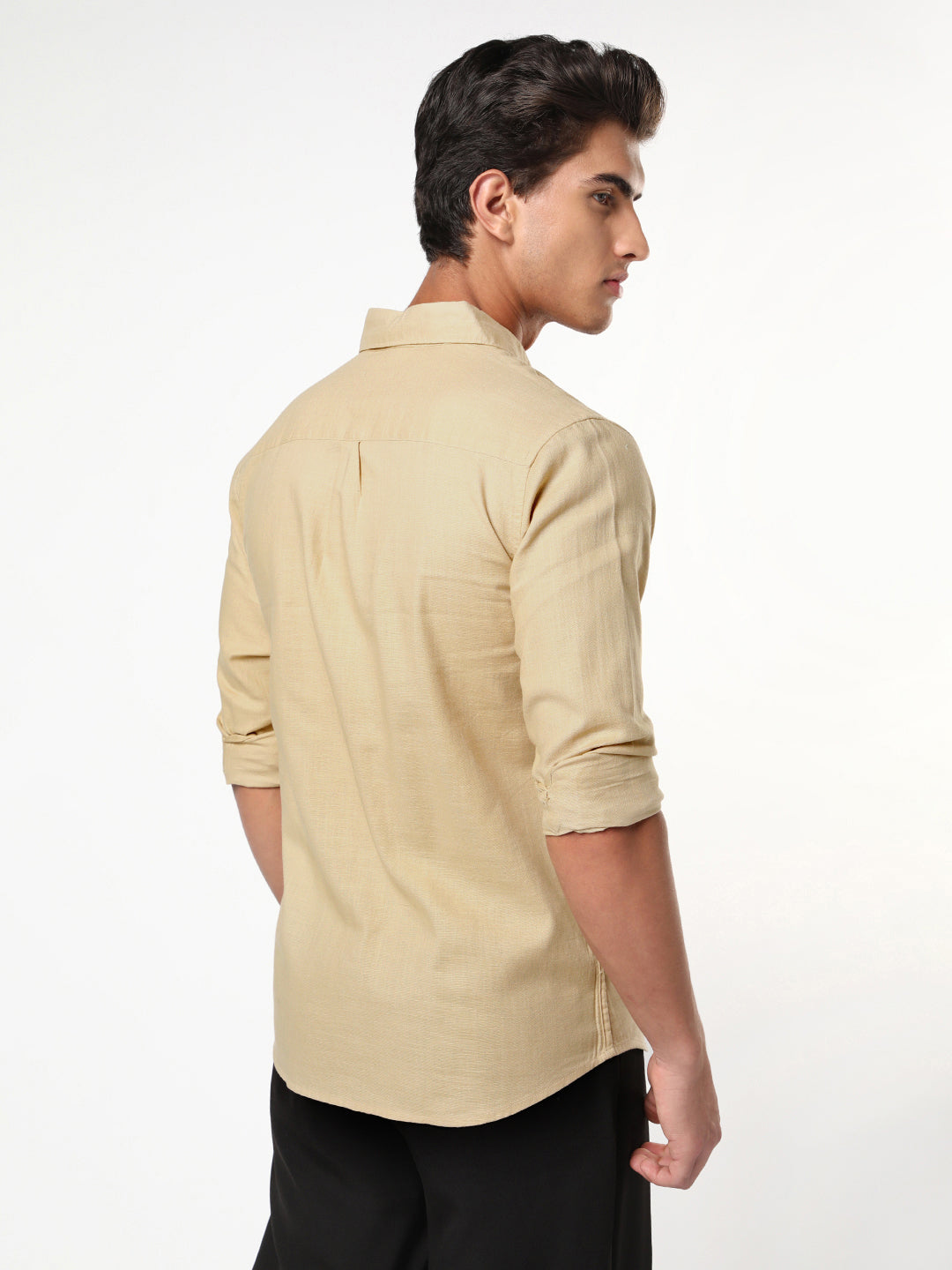 Men's Beige Linen Blend Full Sleeve Relaxed Fit Casual Solid Shirt