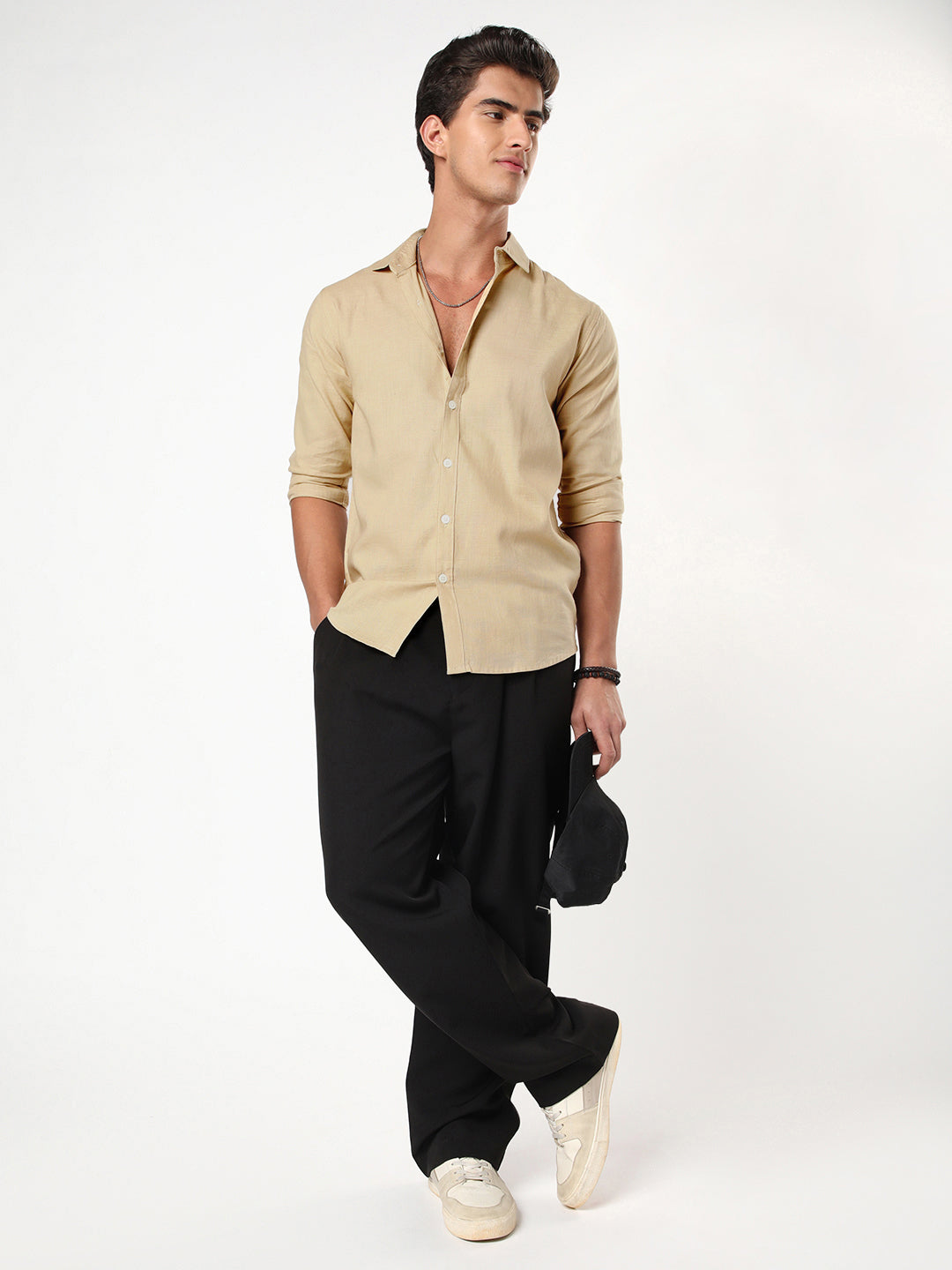 Men's Beige Linen Blend Full Sleeve Relaxed Fit Casual Solid Shirt