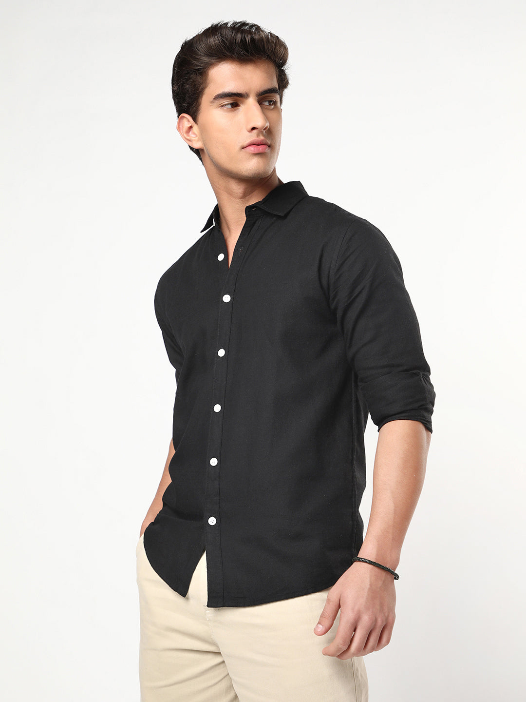 Men's Black Linen Blend Full Sleeve Relaxed Fit Casual Solid Shirt