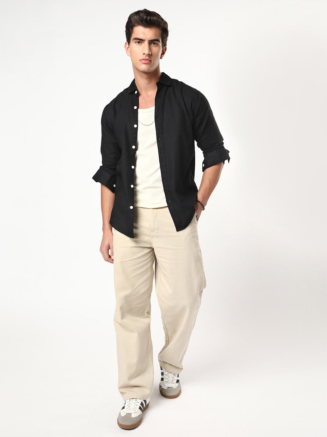 Men's Black Linen Blend Full Sleeve Relaxed Fit Casual Solid Shirt