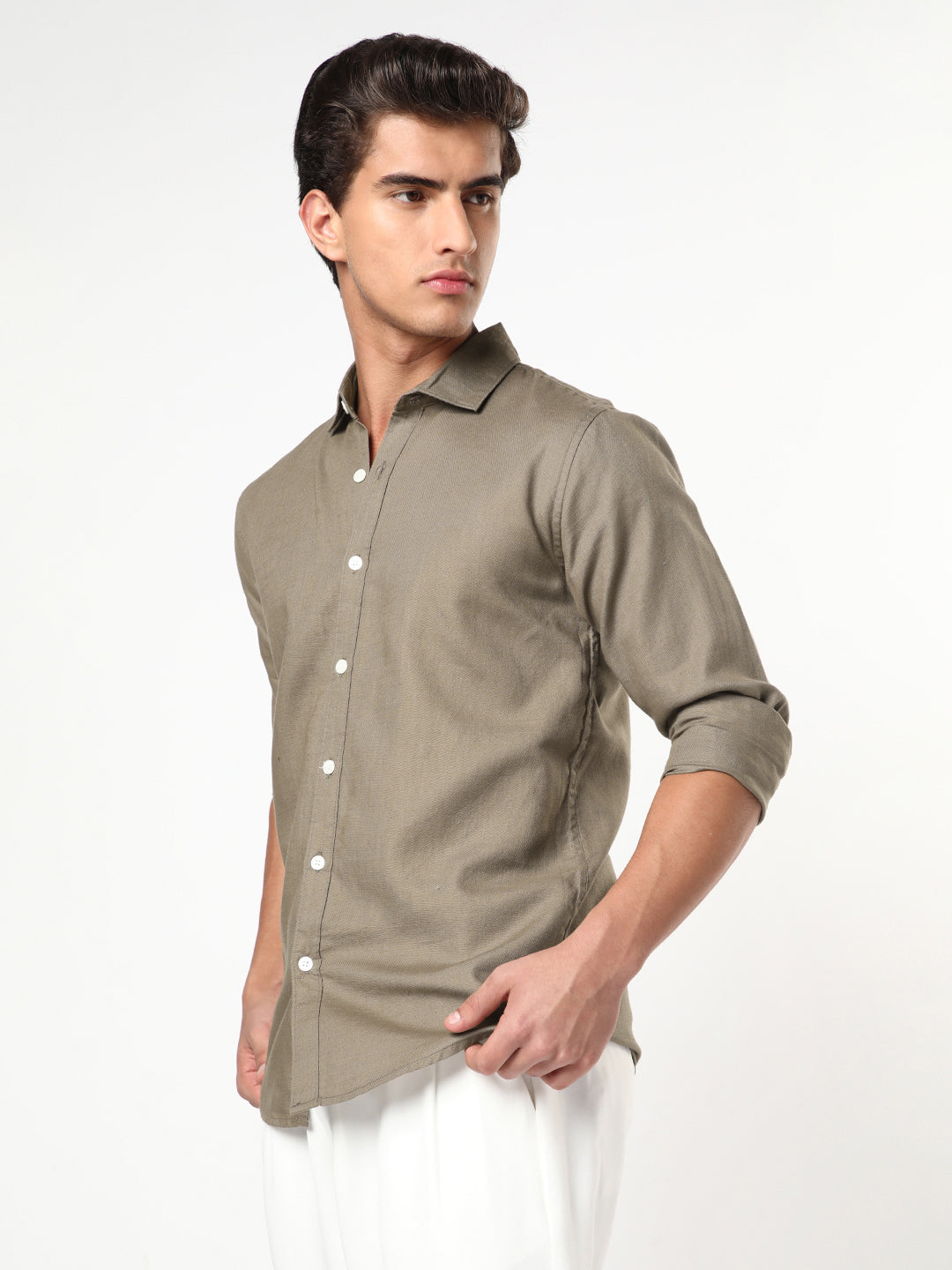 Men's Coffee Linen Blend Full Sleeve Relaxed Fit Casual Solid Shirt