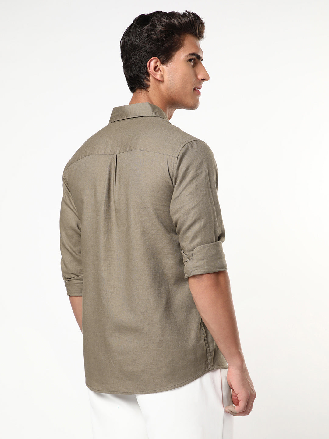 Men's Coffee Linen Blend Full Sleeve Relaxed Fit Casual Solid Shirt