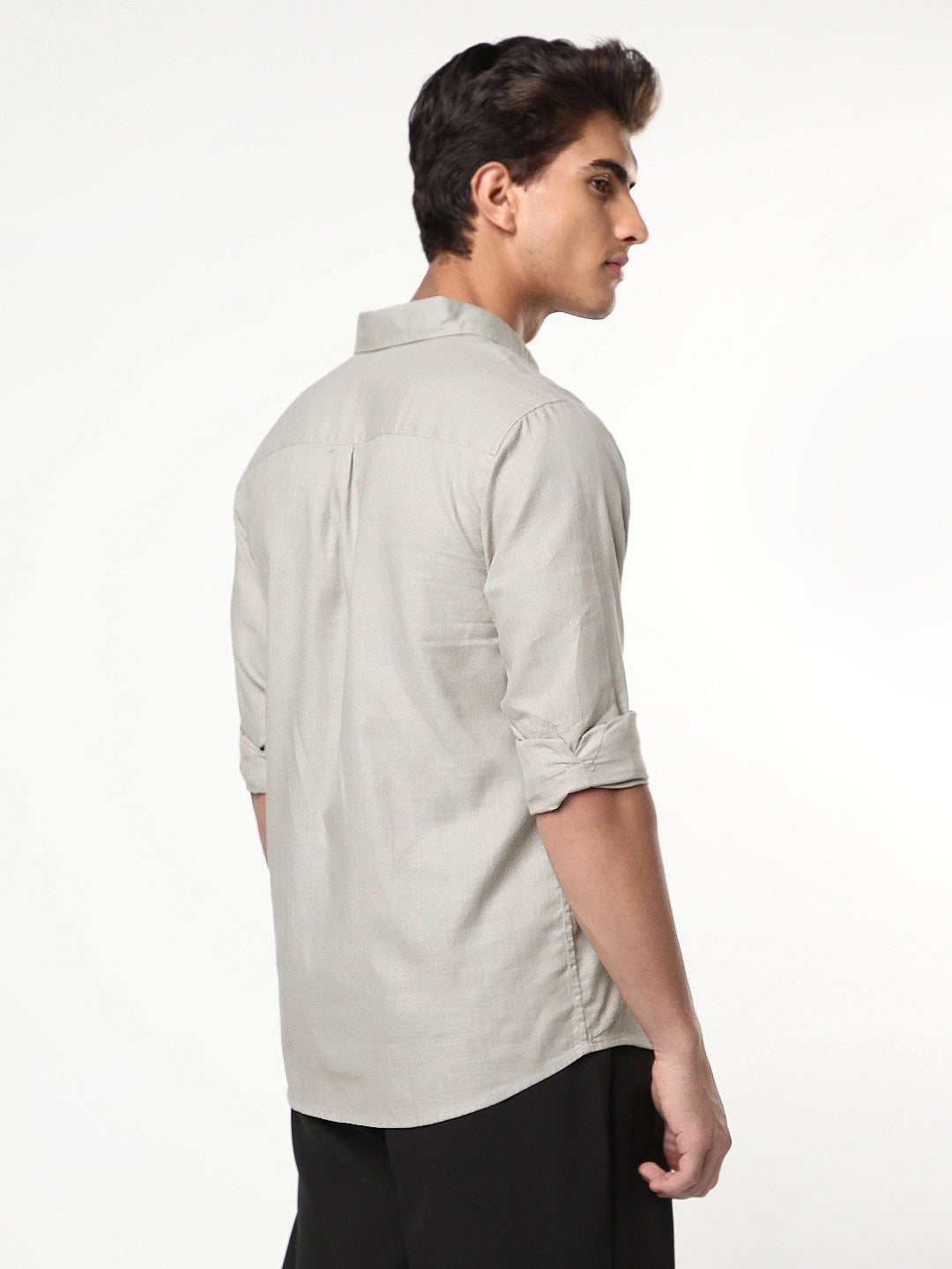 Men's Grey Linen Blend Full Sleeve Relaxed Fit Casual Solid Shirt