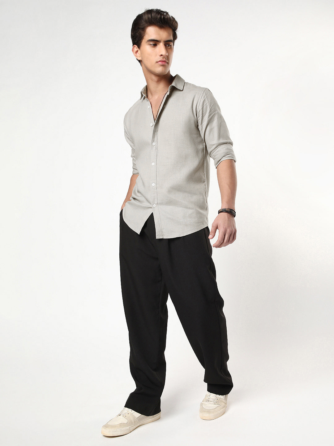 Men's Grey Linen Blend Full Sleeve Relaxed Fit Casual Solid Shirt