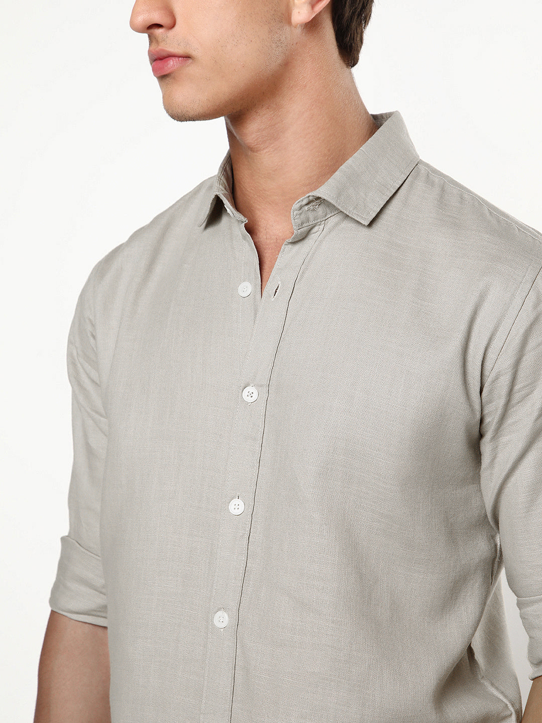 Men's Grey Linen Blend Full Sleeve Relaxed Fit Casual Solid Shirt