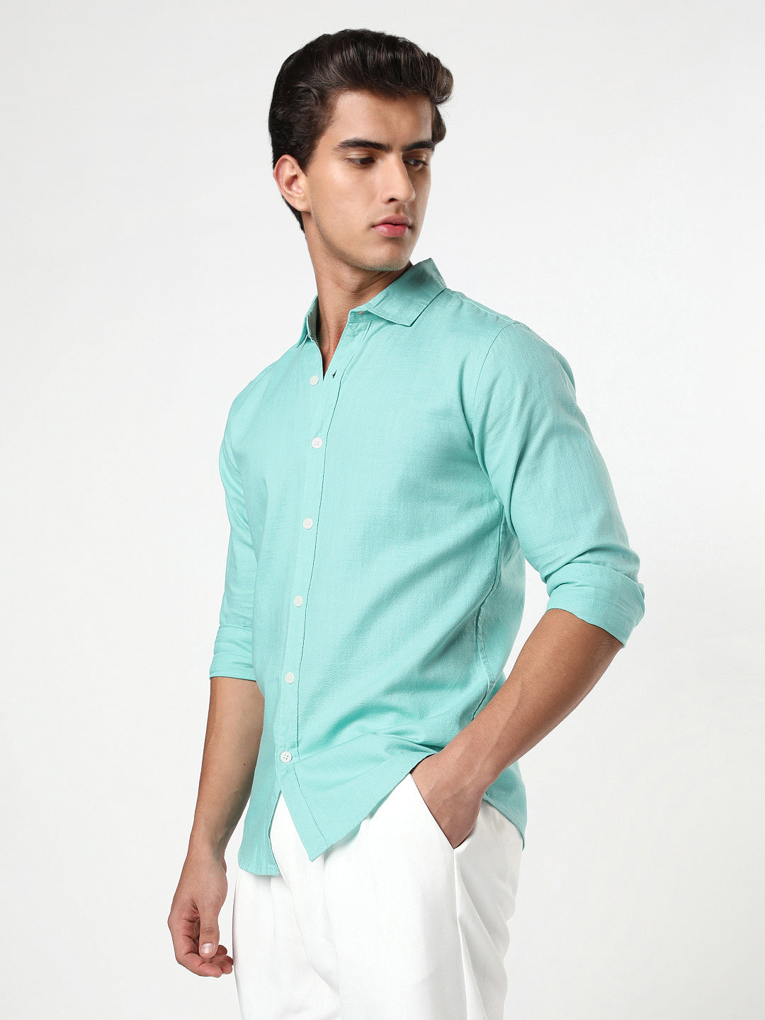 Men's Light Teal Linen Blend Full Sleeve Relaxed Fit Casual Solid Shirt