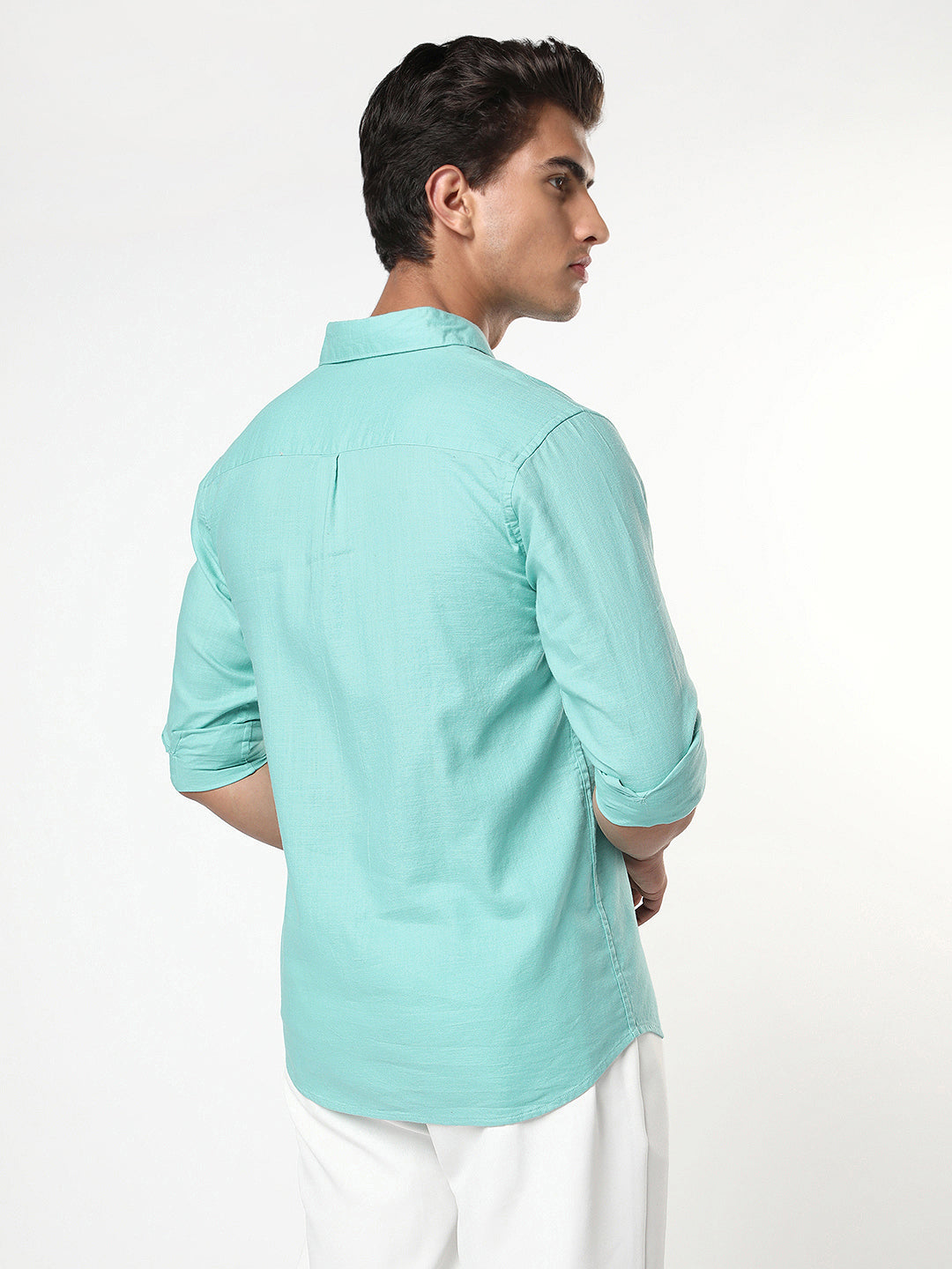 Men's Light Teal Linen Blend Full Sleeve Relaxed Fit Casual Solid Shirt