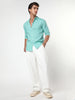 Men's Light Teal Linen Blend Full Sleeve Relaxed Fit Casual Solid Shirt