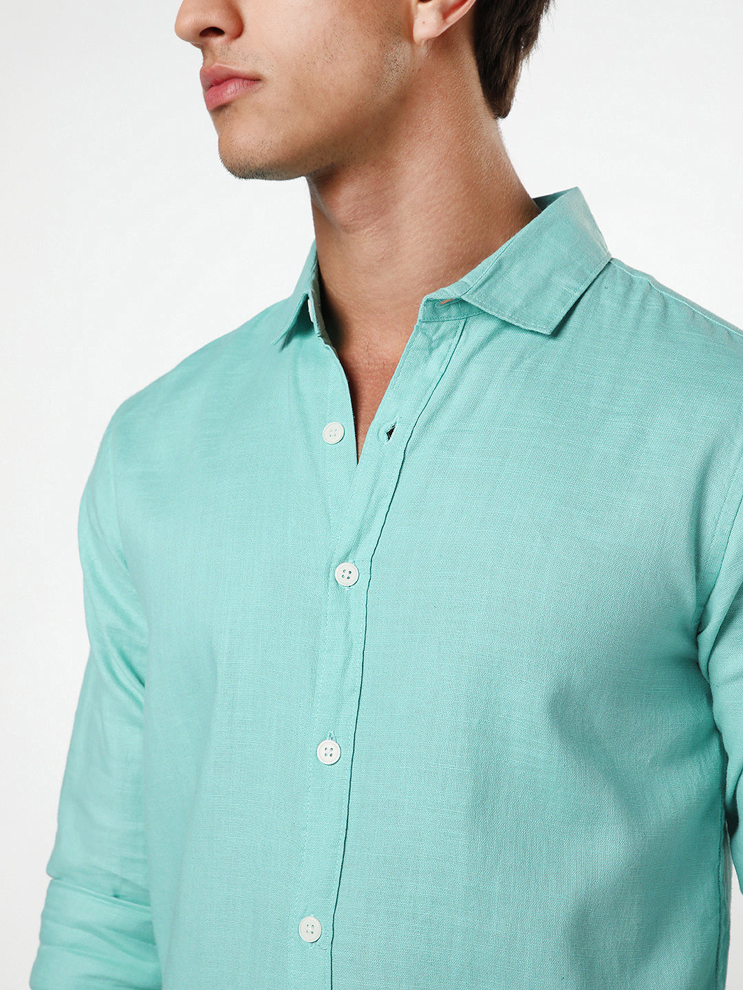 Men's Light Teal Linen Blend Full Sleeve Relaxed Fit Casual Solid Shirt