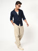 Men's Navy Linen Blend Full Sleeve Relaxed Fit Casual Solid Shirt