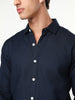 Men's Navy Linen Blend Full Sleeve Relaxed Fit Casual Solid Shirt