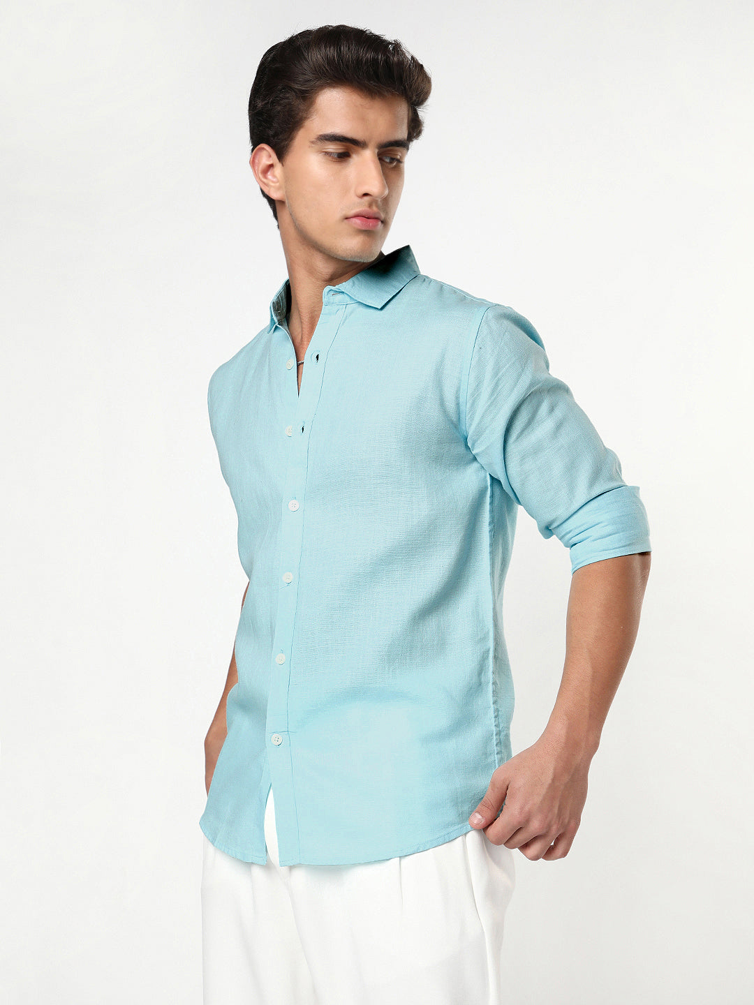 Men's Sky Blue Linen Blend Full Sleeve Relaxed Fit Casual Solid Shirt