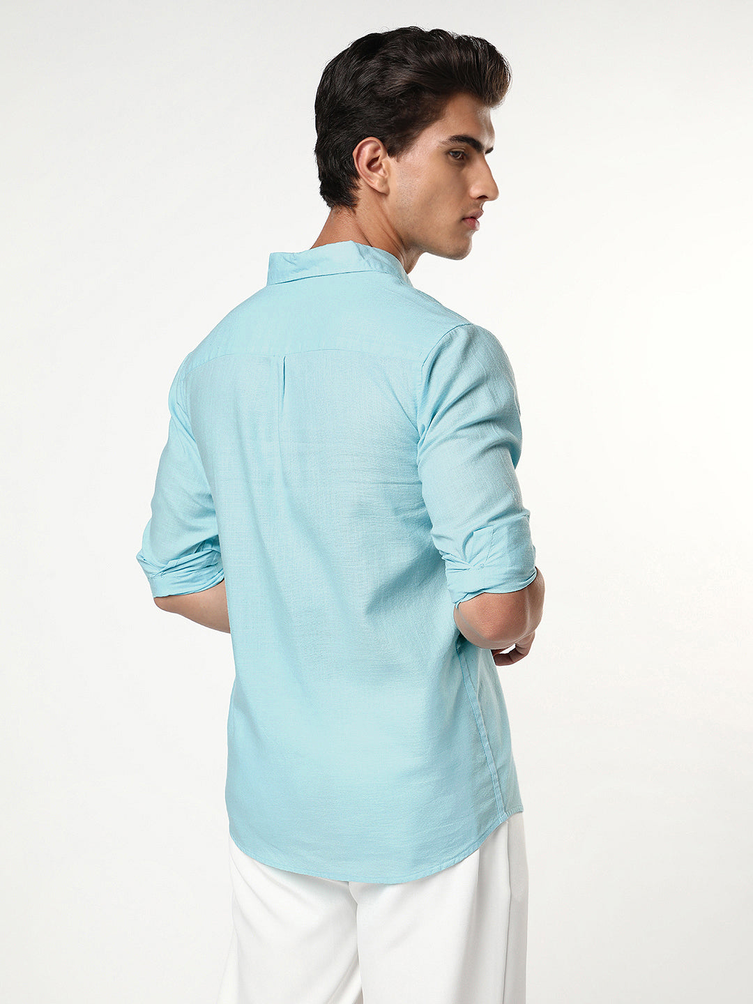 Men's Sky Blue Linen Blend Full Sleeve Relaxed Fit Casual Solid Shirt