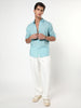 Men's Sky Blue Linen Blend Full Sleeve Relaxed Fit Casual Solid Shirt