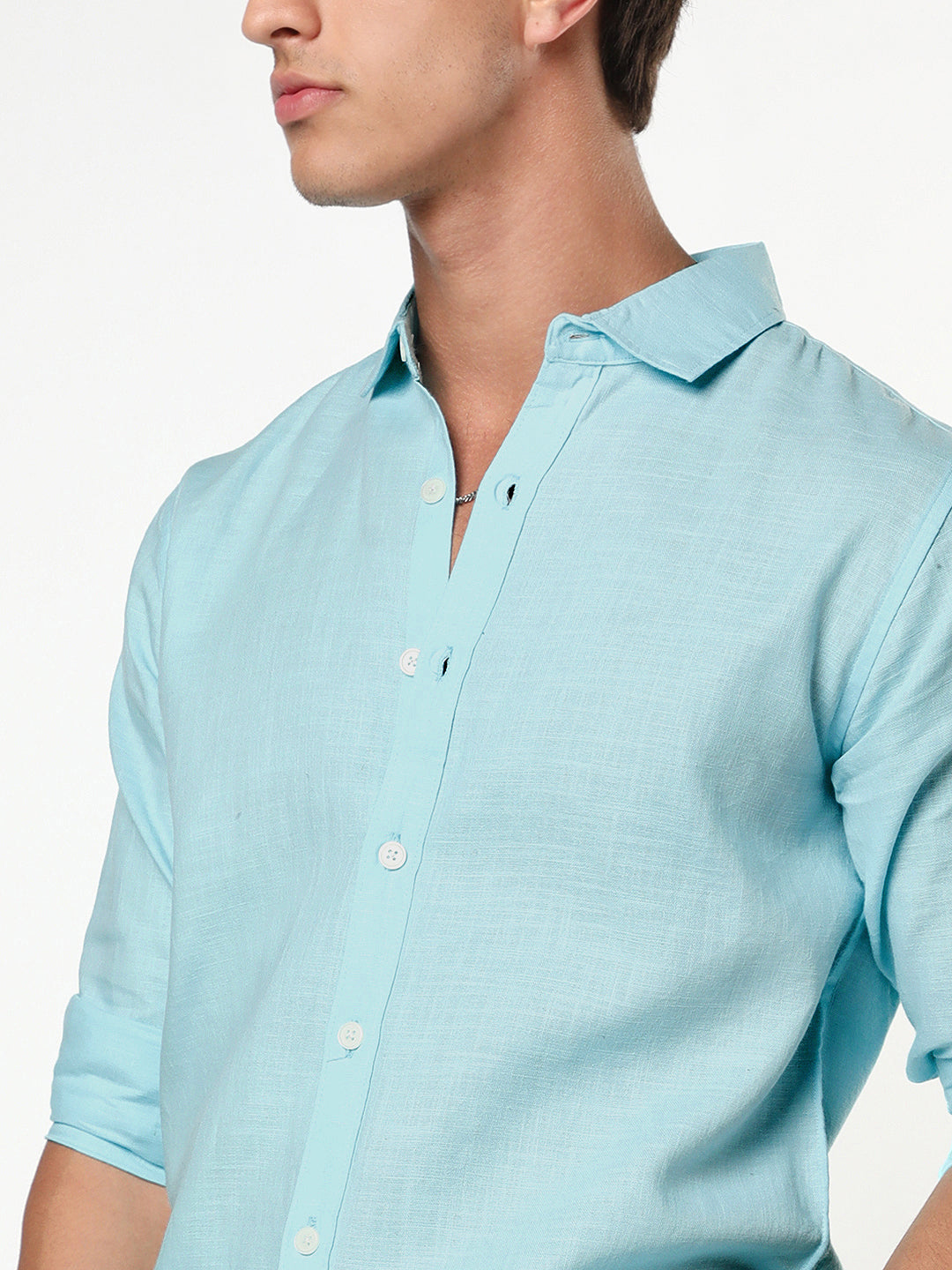 Men's Sky Blue Linen Blend Full Sleeve Relaxed Fit Casual Solid Shirt