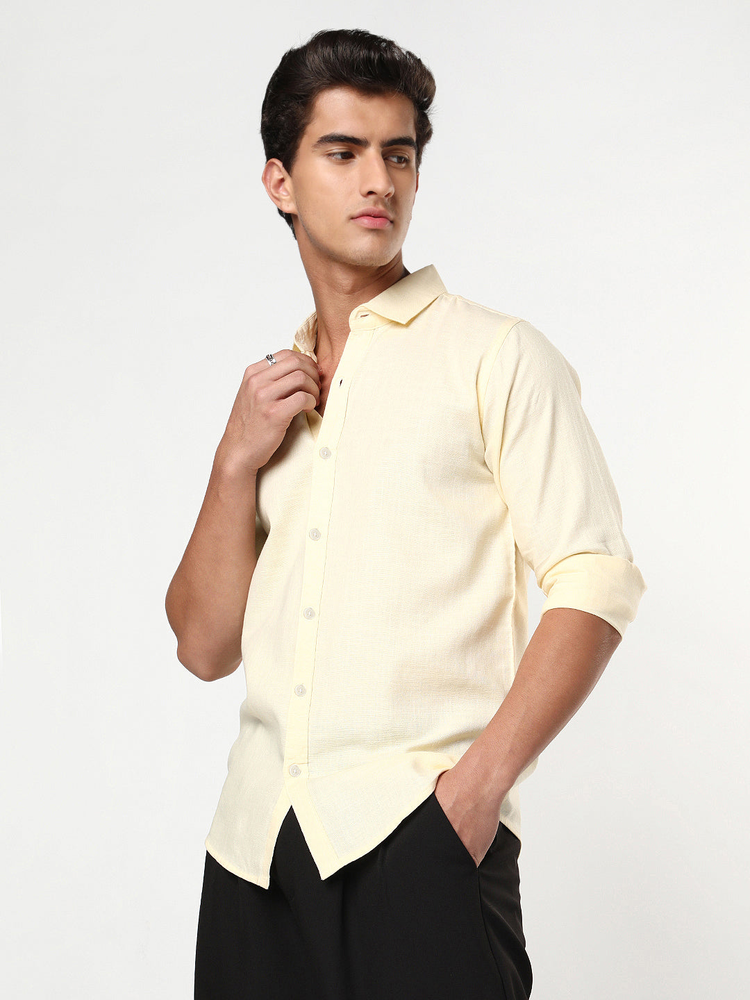 Men's Tender Yellow Linen Blend Full Sleeve Relaxed Fit Casual Solid Shirt
