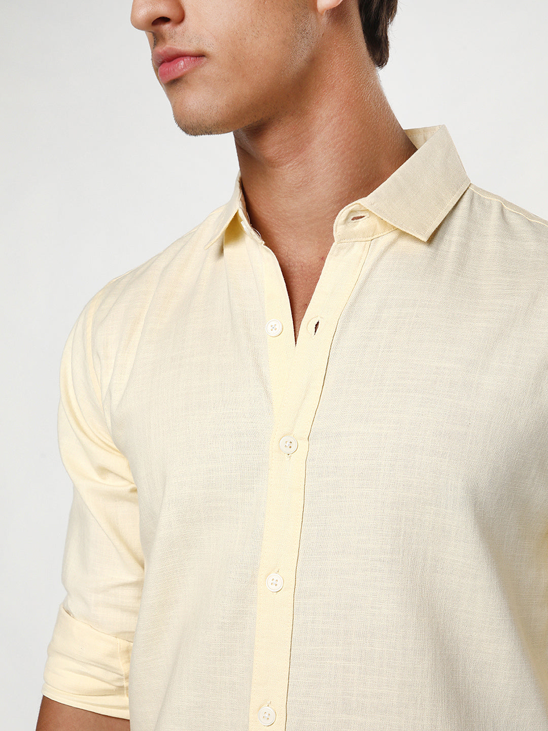 Men's Tender Yellow Linen Blend Full Sleeve Relaxed Fit Casual Solid Shirt