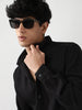 Men's Black Linen Blend Full Sleeve Relaxed Fit Mandarin Collar Casual Solid Shirt