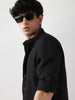 Men's Black Linen Blend Full Sleeve Relaxed Fit Mandarin Collar Casual Solid Shirt