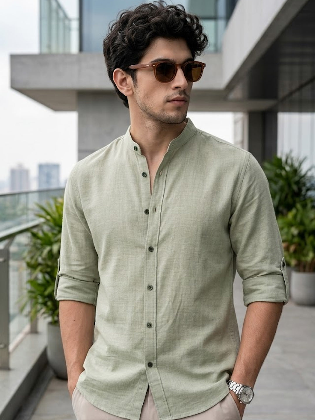 Men's Light Grey Linen Blend Full Sleeve Relaxed Fit Mandarin Collar Casual Solid Shirt