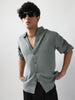 Men's Metallic Blue Linen Blend Full Sleeve Relaxed Fit Mandarin Collar Casual Solid Shirt