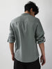 Men's Metallic Blue Linen Blend Full Sleeve Relaxed Fit Mandarin Collar Casual Solid Shirt